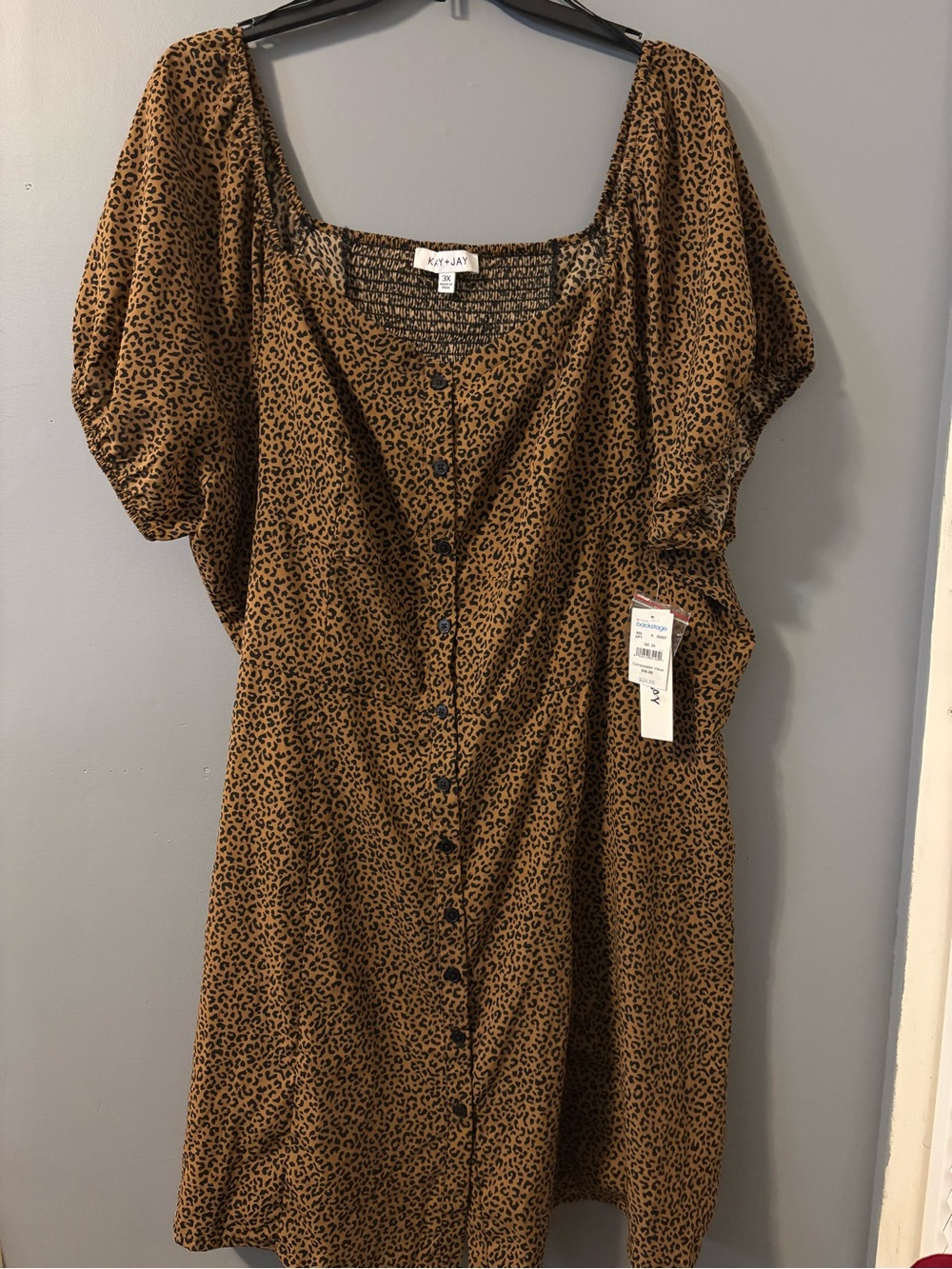 Brown Leopard Print Button Dress with Puff Sleeves